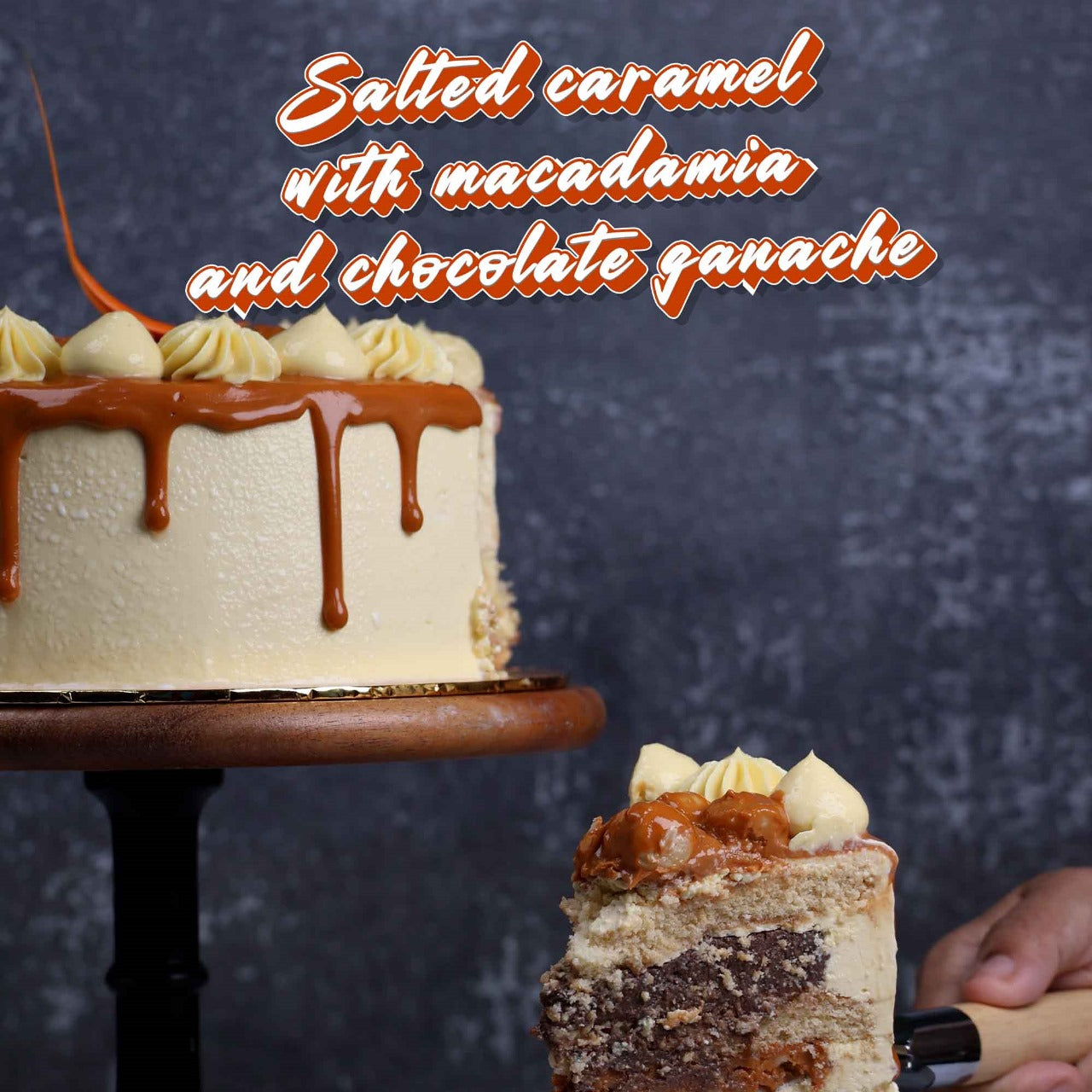 Salted Caramel with Macadamia & Chocolate Ganache Cake