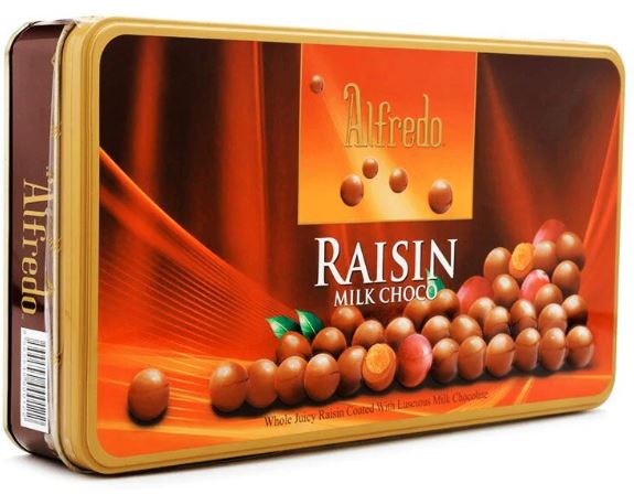[ALF0153] Alfredo Square Tin Raisin Milk Chocolate 150g